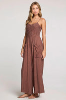 Saltwater Luxe Clothing Karlee Jumper Style S3674-W693-MCH in Mocha;Brown Jumpsuit;Saltwaterluxe Polka Dot Wide Leg Jumpsuit;Summer Wide Leg Jumpsuit; 