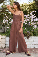 Saltwater Luxe Clothing Karlee Jumper Style S3674-W693-MCH in Mocha;Brown Jumpsuit;Saltwaterluxe Polka Dot Wide Leg Jumpsuit;Summer Wide Leg Jumpsuit; 