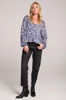 Saltwater Luxe Clothing Payton Sweater Style S3723-AZBL in azure and cream pattern; Fall Transition Sweater; Pre Fall Light Weight Sweater