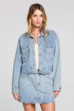 Saltwater Luxe Clothing Perrin Jacket Style S3609-SDEN in Stone Wash Denim. 100% Cotton Scalloped Hem Embroidered eyelet cutout Light wash Spring Denim Jacket.