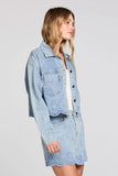 Saltwater Luxe Clothing Perrin Jacket Style S3609-SDEN in Stone Wash Denim. 100% Cotton Scalloped Hem Embroidered eyelet cutout Light wash Spring Denim Jacket.