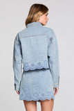 Saltwater Luxe Clothing Perrin Jacket Style S3609-SDEN in Stone Wash Denim. 100% Cotton Scalloped Hem Embroidered eyelet cutout Light wash Spring Denim Jacket.