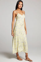 Saltwater Luxe Clothing Sharice Midi Dress Stylr S3148-W605-SNGW in Sunglow; Yellow Floral Midi Dress;Floral Summer Spaghetti Strap Dress;Summer Wedding Guest Dress;Summer Party Dress;Summer FLoral Guest Dress