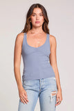 Saltwater Luxe Clothing Slim Tank Style S3940 in both worn blue and in ecru. Women's fitted scoop neck spring summer cotton stretch tank top