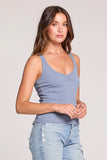 Saltwater Luxe Clothing Slim Tank Style S3940 in both worn blue and in ecru. Women's fitted scoop neck spring summer cotton stretch tank top