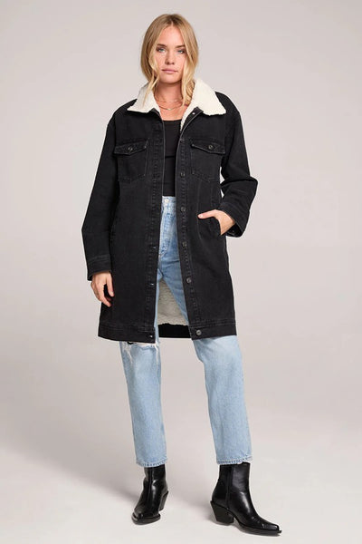 Saltwater Luxe Clothing Solcae JAcket Style S3331-WASHBLK in Washed Black; Fleece Lined Black Knee Length Fall Coat