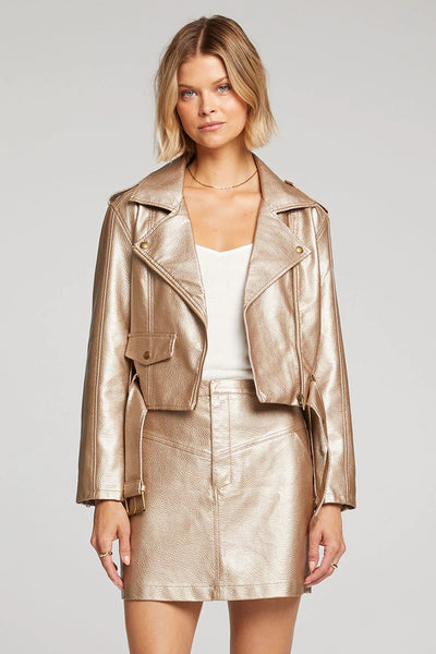 Saltwater Luxe Isola Champagne Jacket Style S3008-W580-Champ in champagne faux leather;Champagne faux leather moto jacket; 