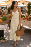 Saltwater Luxe Clothing Sharice Midi Dress Stylr S3148-W605-SNGW in Sunglow; Yellow Floral Midi Dress;Floral Summer Spaghetti Strap Dress;Summer Wedding Guest Dress;Summer Party Dress;Summer FLoral Guest Dress