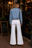 Saltwater Luxe Clothing Perrin Jacket Style S3609-SDEN in Stone Wash Denim as Intentionally Styled by bfree. 100% Cotton Scalloped Hem Embroidered eyelet cutout Light wash Spring Denim Jacket.