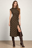 Sanctuary Clothing Autumn Edit Dress Style CD2215ET2 AUGP in Autumn Goldie Plaid; Plaid Cap Sleeve Slit Hem Midi Dress. A Dress to Wear with Tall Boots.