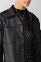 Sanctuary Clothing Dadidson Trucker Jacker Style CJ0995DDS BLCK in Black;Faux Leather Trucker Jacket;Fall Jacket; 