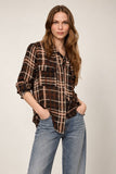 Sanctuary Clothing Meet In Paris Tie Neck Blouse in Cinder Plaid; Plaid Button front shirt.  Top to go with jeans