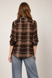 Sanctuary Clothing Meet In Paris Tie Neck Blouse in Cinder Plaid; Plaid Button front shirt.  Top to go with jeans