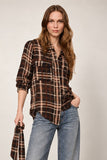 Sanctuary Clothing Meet In Paris Tie Neck Blouse in Cinder Plaid; Plaid Button front shirt.  Top to go with jeans