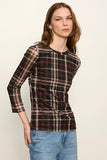 Sanctuary Clothing Mesh 3/4 sleeve top style CT4351PE4 in Cinder Plaid; Fall top to wear with jeans. Plaid Mesh Top