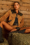 Show ME Your Mumu Clothing Wilson Jacket Style MDF5-719 SF16 in Sepia Faux Suede; Tan Studded Faux Suede Fringe Jacket; Wester Inspired Fall Jacket