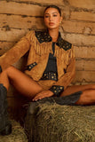 Show ME Your Mumu Clothing Wilson Jacket Style MDF5-719 SF16 in Sepia Faux Suede; Tan Studded Faux Suede Fringe Jacket; Wester Inspired Fall Jacket