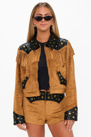 Show ME Your Mumu Clothing Wilson Jacket Style MDF5-719 SF16 in Sepia Faux Suede; Tan Studded Faux Suede Fringe Jacket; Wester Inspired Fall Jacket