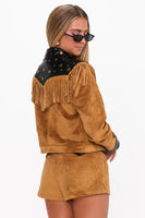 Show ME Your Mumu Clothing Wilson Jacket Style MDF5-719 SF16 in Sepia Faux Suede; Tan Studded Faux Suede Fringe Jacket; Wester Inspired Fall Jacket