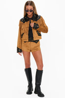 Show ME Your Mumu Clothing Wilson Jacket Style MDF5-719 SF16 in Sepia Faux Suede; Tan Studded Faux Suede Fringe Jacket; Wester Inspired Fall Jacket