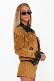 Show ME Your Mumu Clothing Wilson Jacket Style MDF5-719 SF16 in Sepia Faux Suede; Tan Studded Faux Suede Fringe Jacket; Wester Inspired Fall Jacket
