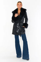 Show ME Your Mumu Penny Lane Coat Style MDF-666 BF58 on Black Faux Leather with Faux Fur;Show Me Your Mumu Belted Faux Leather Coat