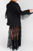 Show ME Your Mumu Sierra Fringe Jacket Style MF5-5465 BL35 in Black Faux Suede; Black Suede Fringe Jacket; Western Inspired Fringe Jacket; Fall Fringe Jacket