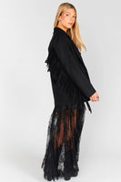 Show ME Your Mumu Sierra Fringe Jacket Style MF5-5465 BL35 in Black Faux Suede; Black Suede Fringe Jacket; Western Inspired Fringe Jacket; Fall Fringe Jacket
