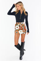 Show ME Your Mumu Tyra Belted Skirt Style MDF3-655 HF07 in Hutton Floral Corduroy;Show Me Your Mumu Tyra Belted Corduroy Skirt, retro modern floral print, fall colors, corduroy texture, belted design, autumnal elegance, vintage-inspired, contemporary styling, bold statement.