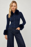 Show Me Your Mumu Clothing Chateau Cardigan Style MF6-6301 BF36 in Navy Knit with Faux Fur; Faux Fur Trimmed Button Front Sweater Top