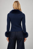 Show Me Your Mumu Clothing Chateau Cardigan Style MF6-6301 BF36 in Navy Knit with Faux Fur; Faux Fur Trimmed Button Front Sweater Top