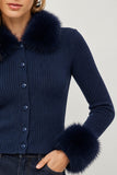 Show Me Your Mumu Clothing Chateau Cardigan Style MF6-6301 BF36 in Navy Knit with Faux Fur; Faux Fur Trimmed Button Front Sweater Top