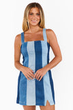 Show Me Your Mumu Clothing Coronado Corset Dress Style MDM5-701 SI05 in Shady Indigo Stripe;Striped Denim Mini Dress; Denim Mini Dress with removable Straps; Strapless Denim Mini Dress