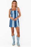 Show Me Your Mumu Clothing Coronado Corset Dress Style MDM5-701 SI05 in Shady Indigo Stripe;Striped Denim Mini Dress; Denim Mini Dress with removable Straps; Strapless Denim Mini Dress