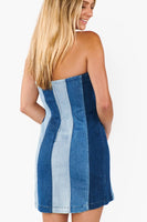 Show Me Your Mumu Clothing Coronado Corset Dress Style MDM5-701 SI05 in Shady Indigo Stripe;Striped Denim Mini Dress; Denim Mini Dress with removable Straps; Strapless Denim Mini Dress