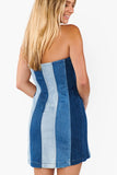 Show Me Your Mumu Clothing Coronado Corset Dress Style MDM5-701 SI05 in Shady Indigo Stripe;Striped Denim Mini Dress; Denim Mini Dress with removable Straps; Strapless Denim Mini Dress