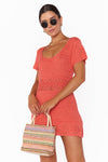 Show Me Your Mumu Clothing Destination Mini Dress Style MM4-5537 CR63 in Coral Crochet;Crochet Mini Dress;Show Me Your Mumu Crochet Dress; 