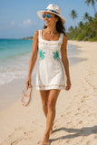 Show Me Your Mumu Clothing Steph Beach Front Dress Style MM6-6487 BF31 in Beachfront Embroidery. Linen blend, palm tree and shell embroidered summer mini dress. Perect for all warm weather events