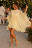 Show Me Your Mumu Olsen Mini Dress Style MM6-6681 PY24 in Pale Yellow Chiffon. Polyester chiffon kaftan style removable slip feminine summer mini dress. Summer Cocktail Dress. Polished swim cover-up
