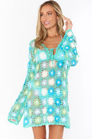 Show Me Your Mumu Vacay Mini Coverup Style MS4-5512 BM14 in Blue Multi Floral Crochet;Crochet Coverup Dress;Show me your mumu Coverup dress; 