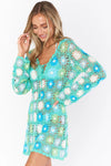 Show Me Your Mumu Vacay Mini Coverup Style MS4-5512 BM14 in Blue Multi Floral Crochet;Crochet Coverup Dress;Show me your mumu Coverup dress; 