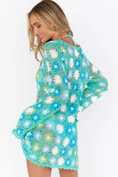 Show Me Your Mumu Vacay Mini Coverup Style MS4-5512 BM14 in Blue Multi Floral Crochet;Crochet Coverup Dress;Show me your mumu Coverup dress; 