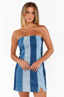 Show Me Your Mumu Clothing Coronado Corset Dress Style MDM5-701 SI05 in Shady Indigo Stripe;Striped Denim Mini Dress; Denim Mini Dress with removable Straps; Strapless Denim Mini Dress