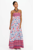 Show me You Mumu Clothing Day Out Maxi Dress Style MM6-6466 SB75 in Sarine Border. Cotton strapless tie back sardine theme printed spring summer vacay maxi dress