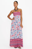 Show me You Mumu Clothing Day Out Maxi Dress Style MM6-6466 SB75 in Sarine Border. Cotton strapless tie back sardine theme printed spring summer vacay maxi dress
