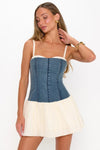 Show me Your Mumu Clothing Tiffany Skort Dress Style MDF5-725 DW06 in Denim with Cream;Denim Skort Dress;Western Inspired Style;Festival Style;Boho Chic Style Dress;Denim Mini Skort Dress; 