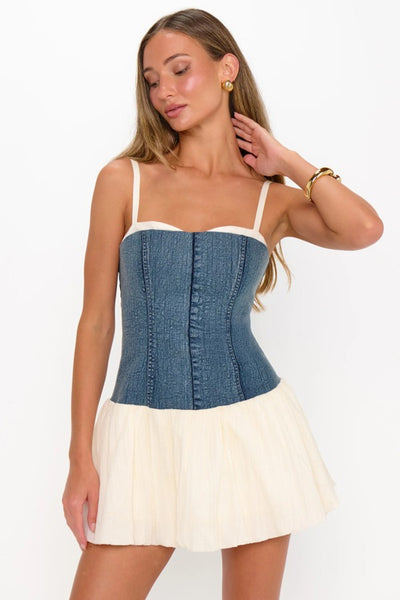 Show me Your Mumu Clothing Tiffany Skort Dress Style MDF5-725 DW06 in Denim with Cream;Denim Skort Dress;Western Inspired Style;Festival Style;Boho Chic Style Dress;Denim Mini Skort Dress; 