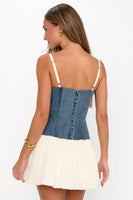 Show me Your Mumu Clothing Tiffany Skort Dress Style MDF5-725 DW06 in Denim with Cream;Denim Skort Dress;Western Inspired Style;Festival Style;Boho Chic Style Dress;Denim Mini Skort Dress; 