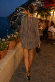 Show Me Your Mumu Drifter Dress Style MM6-6588 RB58 in Sundown Stripe. Back view of the Drifter multicolor striped mini dress showing the keyhole neckline and easy shift silhouette