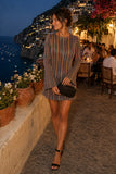 Show Me Your Mumu Drifter Dress Style MM6-6588 RB58 in Sundown Stripe. Woman wearing the Drifter multicolor striped long-sleeve mini dress with black ankle-strap heels in the Amalfi Coast